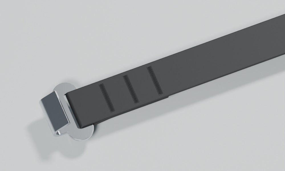 Stainless flat hook captured in black webbing with three rows of permanent stitching.