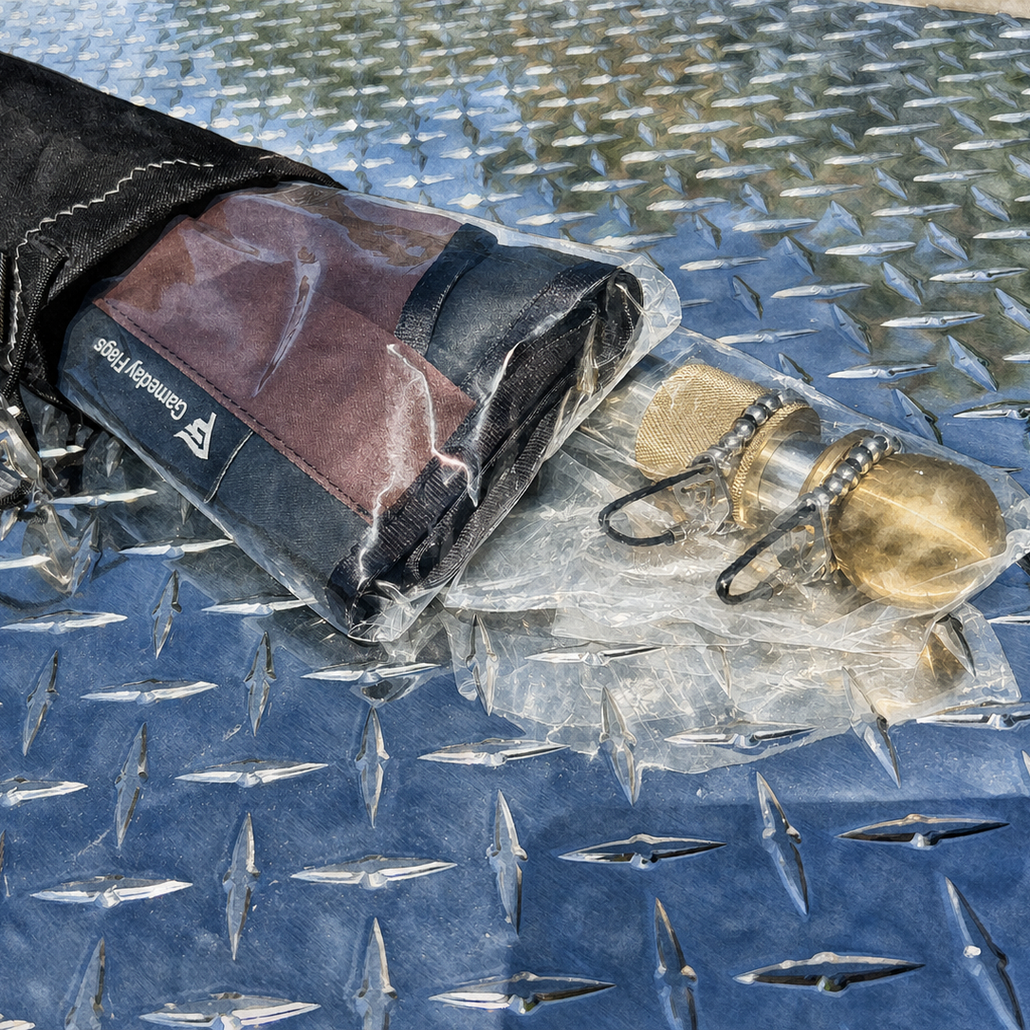 Watercolor field capture of a packaged Authentic Gameday Flag, MVP carry textile, polished brass finial, and hardware on aluminum diamond plate