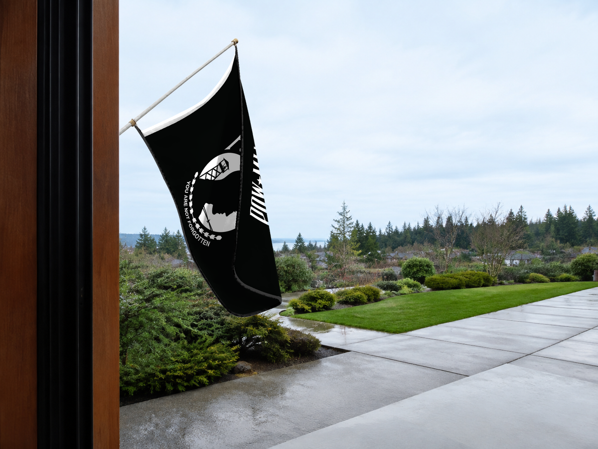 POW/MIA Flag — supplier proof Authentic Gameday Flag — approved one-scene environment view — EXO R89 — item_id=civic-pow-mia-proof — source_sha256=67141d7d5d862837f9f72c4be0a2faf9163d7dd0f2aded200b60270c31f9f692