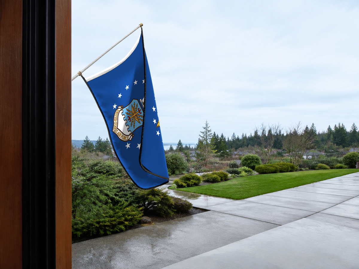 United States Air Force Flag — licensing proof Authentic Gameday Flag — approved one-scene environment view — EXO R89 — item_id=civic-us-air-force-service-flag-proof — source_sha256=d4d85e509bb8aeca80879274f74e1fa23700b864a8079815fa634d5a72bc8f33