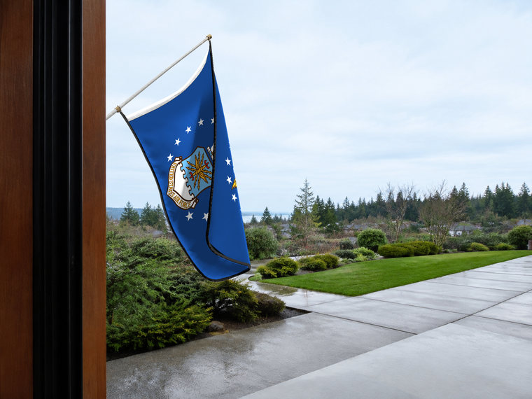United States Air Force Flag — licensing proof Authentic Gameday Flag — approved one-scene environment view — EXO R89 — item_id=civic-us-air-force-service-flag-proof — source_sha256=d4d85e509bb8aeca80879274f74e1fa23700b864a8079815fa634d5a72bc8f33