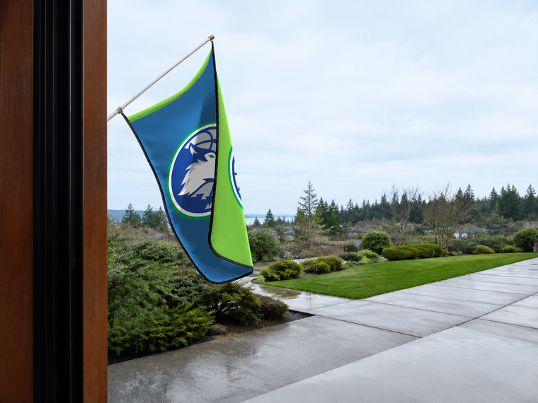 Minnesota Timberwolves Authentic Gameday Flag — approved one-scene environment view — EXO R89 — item_id=nba-minnesota-timberwolves — source_sha256=a2b897d8d47877770ed52ec239d77ad6a8165347b1378011a60af993e85ac2a8