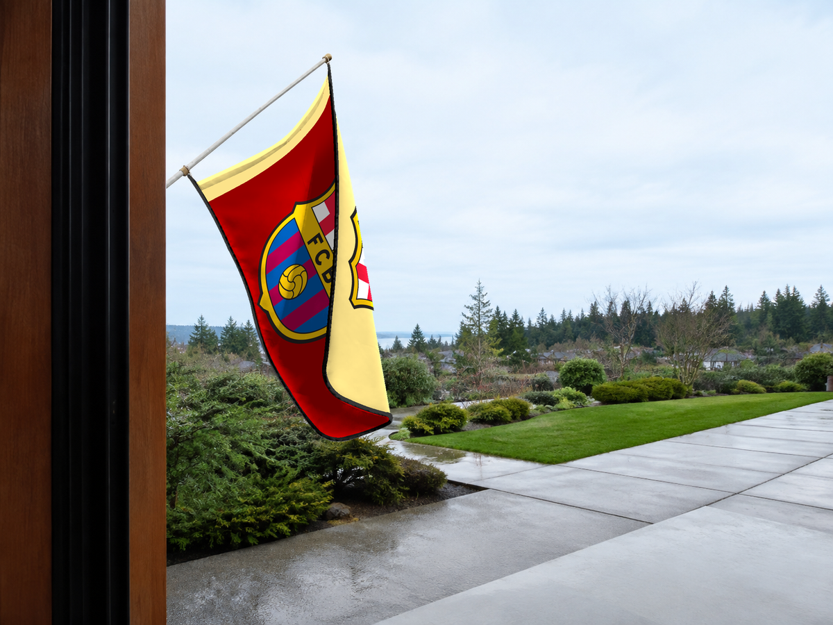 Barcelona Authentic Gameday Flag — approved one-scene environment view — EXO R89 — item_id=euro-soccer-barcelona — source_sha256=52badd53ba6900886fd7c2c5feee0d5b143ec0b804ae0a06941197a5318aea22
