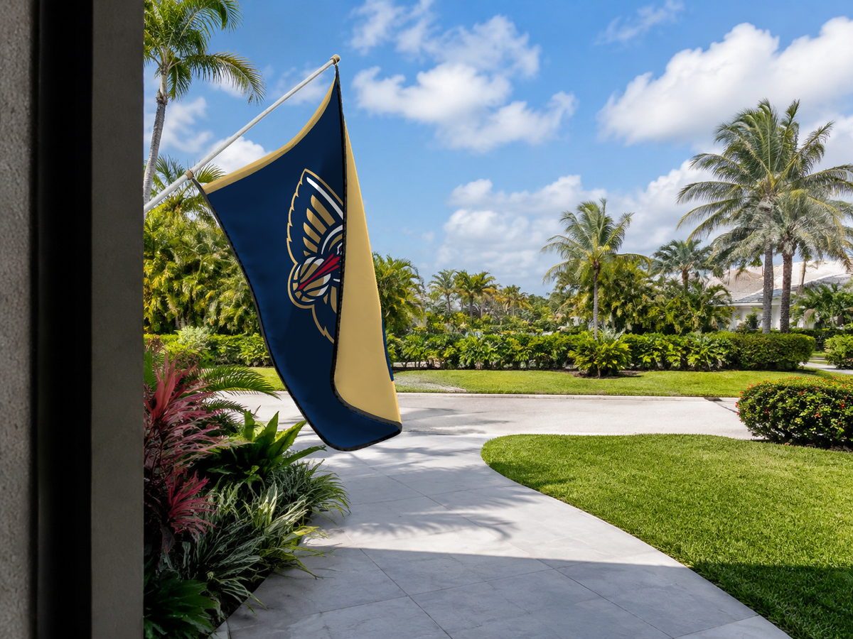New Orleans Pelicans Authentic Gameday Flag — approved one-scene environment view — EXO R89 — item_id=nba-new-orleans-pelicans — source_sha256=5316725ce78041d93732ef4ca0099d9b73ae49a5aa004199c5396942db1304c2