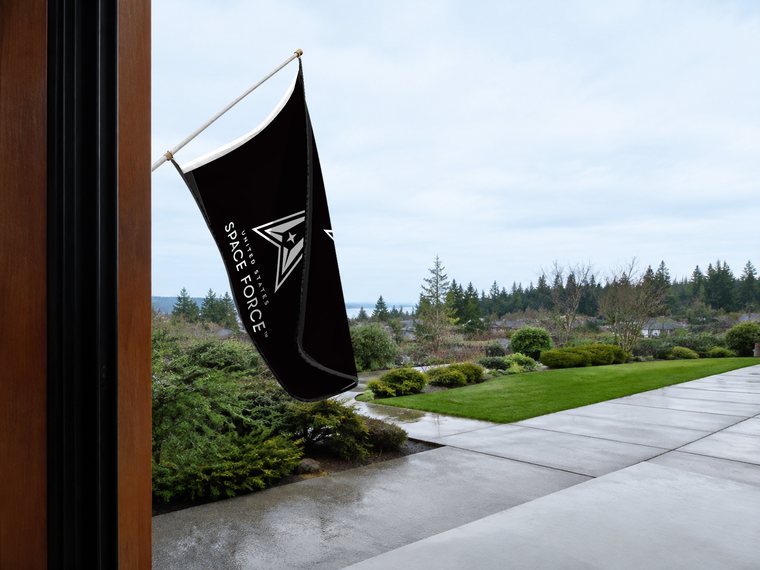United States Space Force Flag — licensing proof Authentic Gameday Flag — approved one-scene environment view — EXO R89 — item_id=civic-us-space-force-service-flag-proof — source_sha256=7d223bf94fdb65a9f0e875b96aa98cb3ce6cd0b573699580b95ca88821b09258