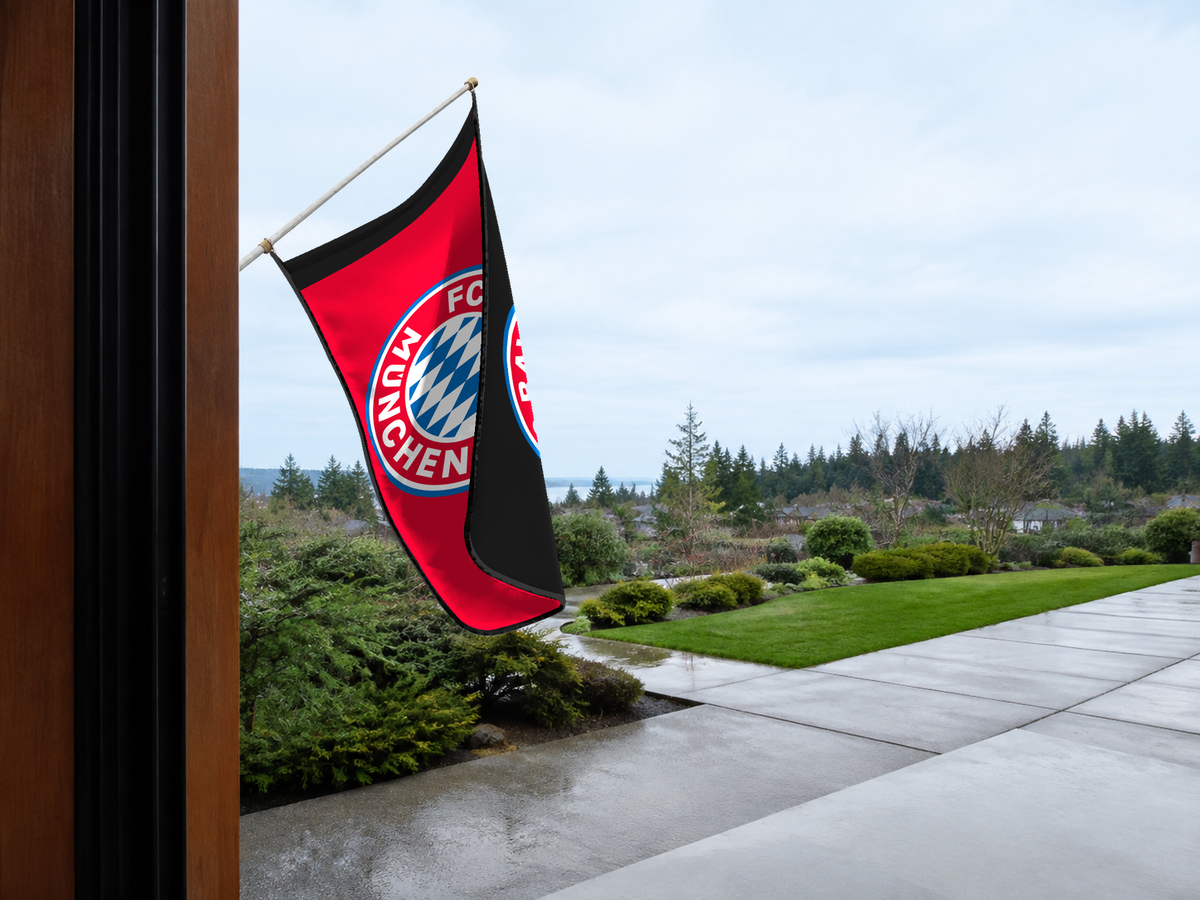Bayern Munich Authentic Gameday Flag — approved one-scene environment view — EXO R89 — item_id=euro-soccer-bayern-munich — source_sha256=21d00c49be45e0fba3adb3a37edfd0164091566b9673c4d1c61701e82ae037a6