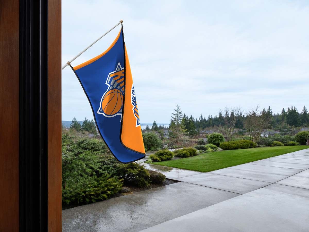 New York Knicks Authentic Gameday Flag — approved one-scene environment view — EXO R89 — item_id=nba-new-york-knicks — source_sha256=dffe95ae5dbd9b5ac0f7b522dbe094b600674a73d0324c00baca0029ee9476e5
