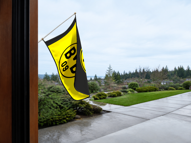 Borussia Dortmund Authentic Gameday Flag — approved one-scene environment view — EXO R89 — item_id=euro-soccer-borussia-dortmund — source_sha256=0f17ab152f735f2e991f598ee29065a305834cf27079798fa20472c56e4614bb