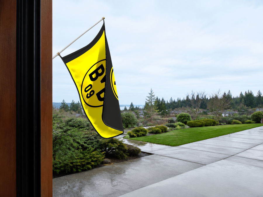 Borussia Dortmund Authentic Gameday Flag — approved one-scene environment view — EXO R89 — item_id=euro-soccer-borussia-dortmund — source_sha256=0f17ab152f735f2e991f598ee29065a305834cf27079798fa20472c56e4614bb