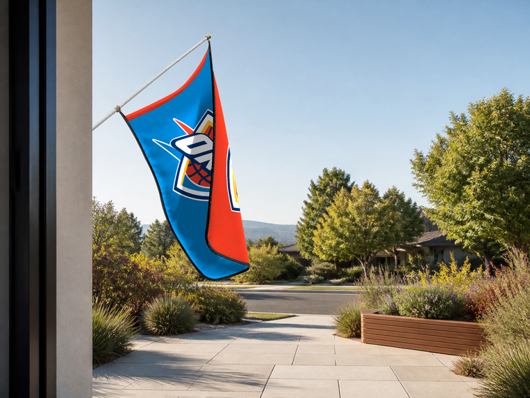Oklahoma City Thunder Authentic Gameday Flag — approved one-scene environment view — EXO R89 — item_id=nba-oklahoma-city-thunder — source_sha256=ea5e45c8a1475bd378670a0ac8cb44aa4e8827ff272ee9e83fd526f4c708eb68