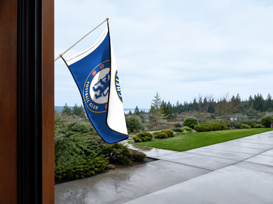 Chelsea Authentic Gameday Flag — approved one-scene environment view — EXO R89 — item_id=euro-soccer-chelsea — source_sha256=106dd29500859c2e10149fcea564aaa31950769c84c8757135e373d6485332b9