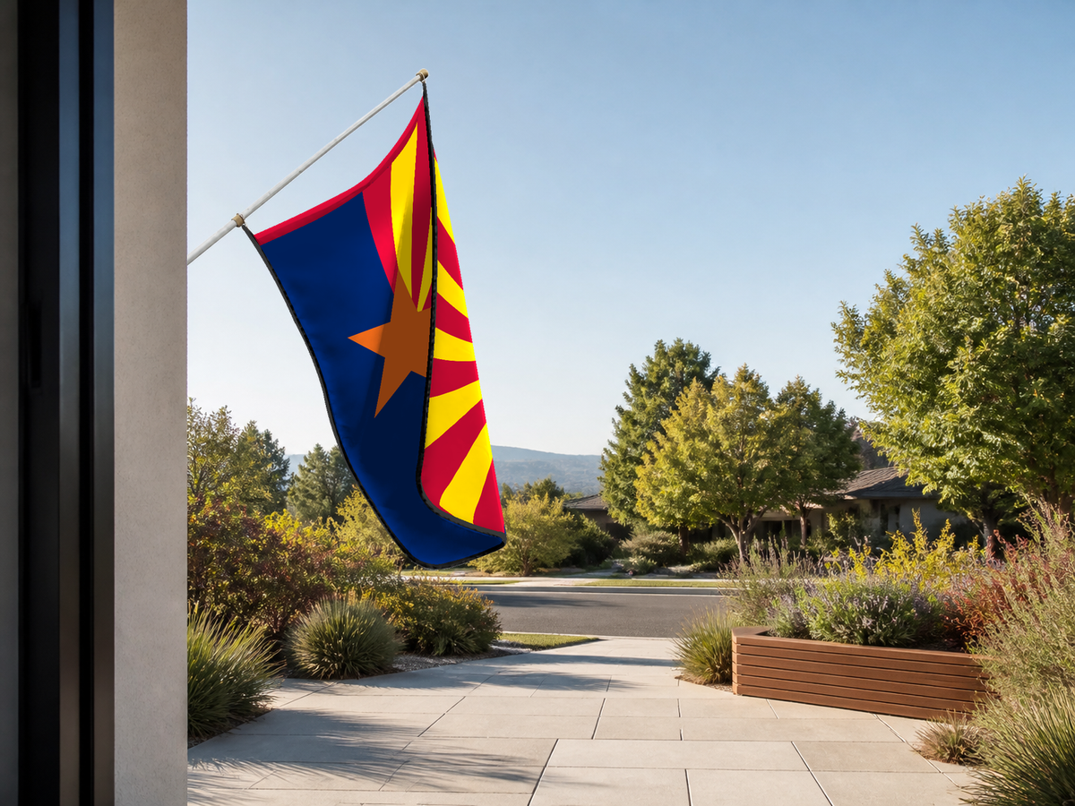 Arizona State Flag Authentic Gameday Flag — approved one-scene environment view — EXO R89 — item_id=state-arizona — source_sha256=e9198fa2ca99443ecbc2b86ffa3b00e1e19f51398e02d4c528d29b1c9fa4ce12