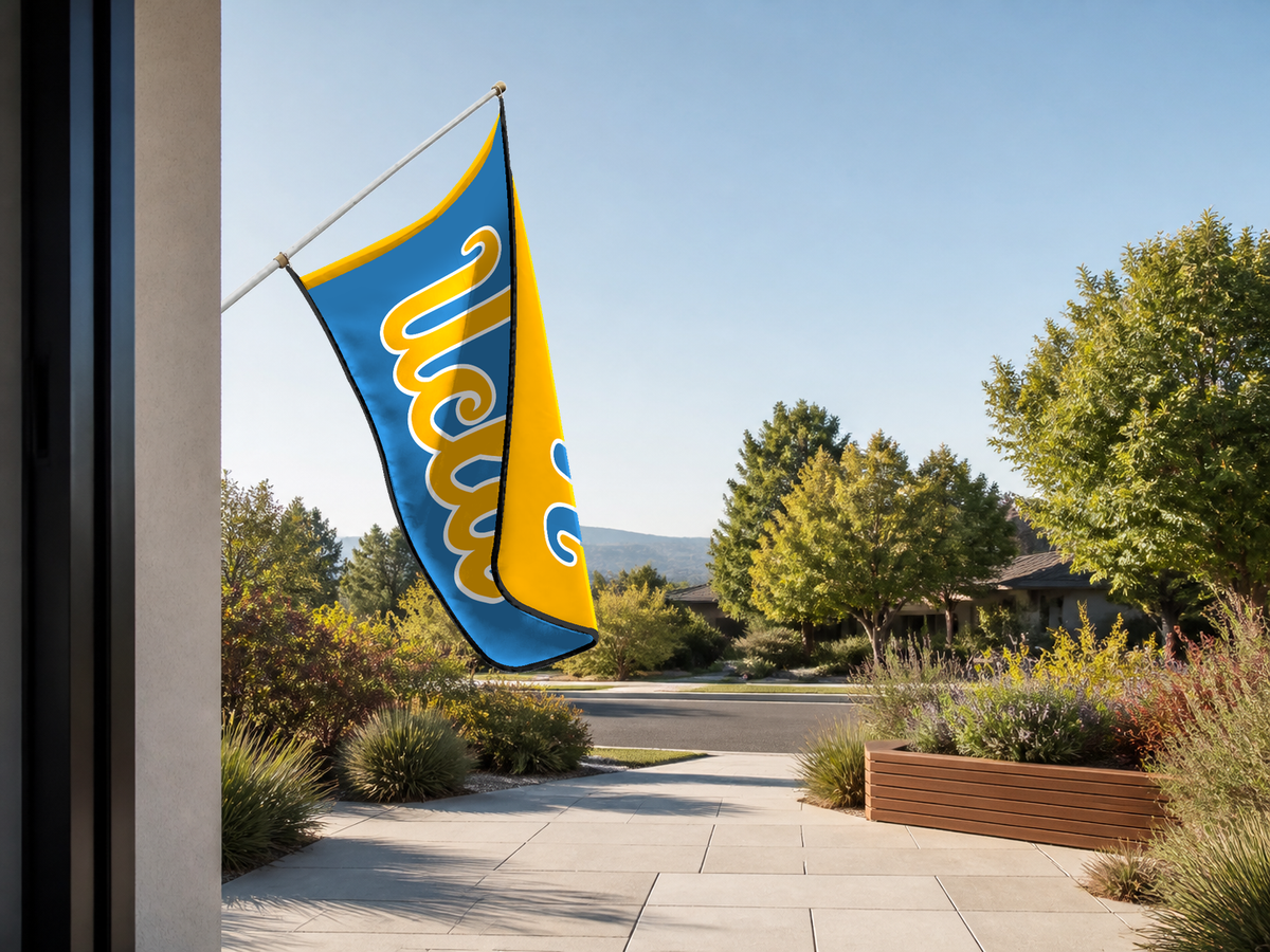 UCLA Bruins Authentic Gameday Flag — approved one-scene environment view — EXO R89 — item_id=ncaa-fbs-ucla-bruins — source_sha256=dfbe96e9c78aaed3cca1d0eab701732cef4eb0bb0aefa9ba8b26405937811b26
