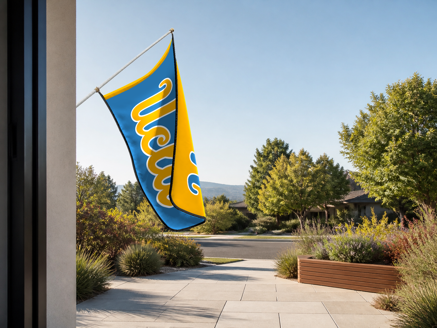 UCLA Bruins Authentic Gameday Flag — approved one-scene environment view — EXO R89 — item_id=ncaa-fbs-ucla-bruins — source_sha256=dfbe96e9c78aaed3cca1d0eab701732cef4eb0bb0aefa9ba8b26405937811b26