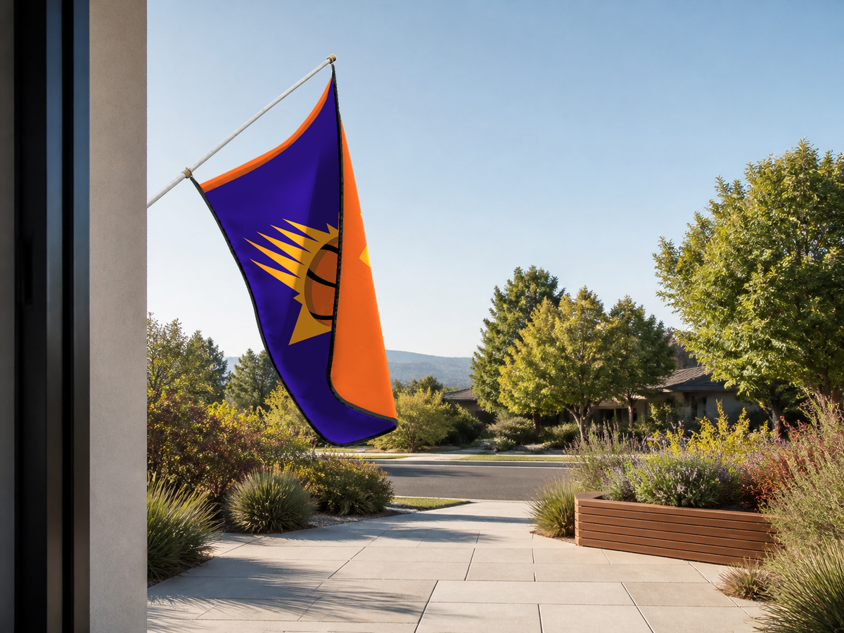 Phoenix Suns Authentic Gameday Flag — approved one-scene environment view — EXO R89 — item_id=nba-phoenix-suns — source_sha256=6787205f2c852e54598fdba3904922230f7f8f9de1903464e865dde1140b3739