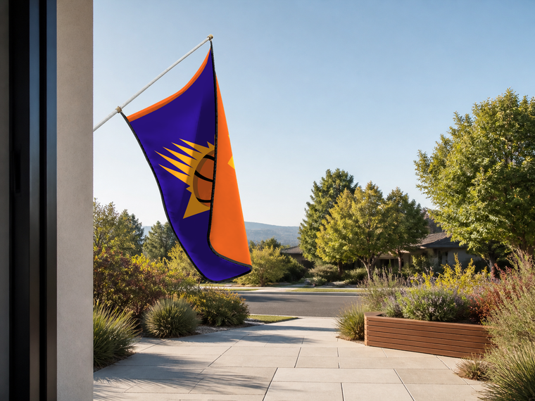 Phoenix Suns Authentic Gameday Flag — approved one-scene environment view — EXO R89 — item_id=nba-phoenix-suns — source_sha256=6787205f2c852e54598fdba3904922230f7f8f9de1903464e865dde1140b3739