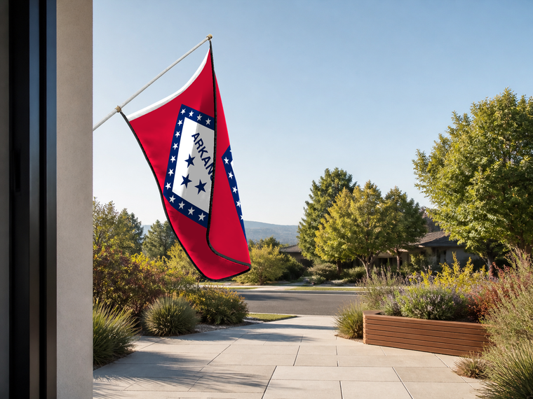 Arkansas State Flag Authentic Gameday Flag — approved one-scene environment view — EXO R89 — item_id=state-arkansas — source_sha256=a271faf4e8c7ae7e97427cd53476199bbccee01a4ea46fee93f941b606924642
