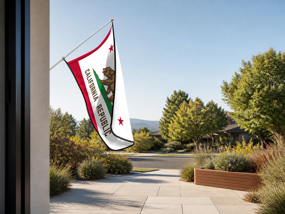 California State Flag Authentic Gameday Flag — approved one-scene environment view — EXO R89 — item_id=state-california — source_sha256=8ad386a771b32f55f0235b74d055c9a5d9f0fa2a1c8bd1eb948f79962c7c5643