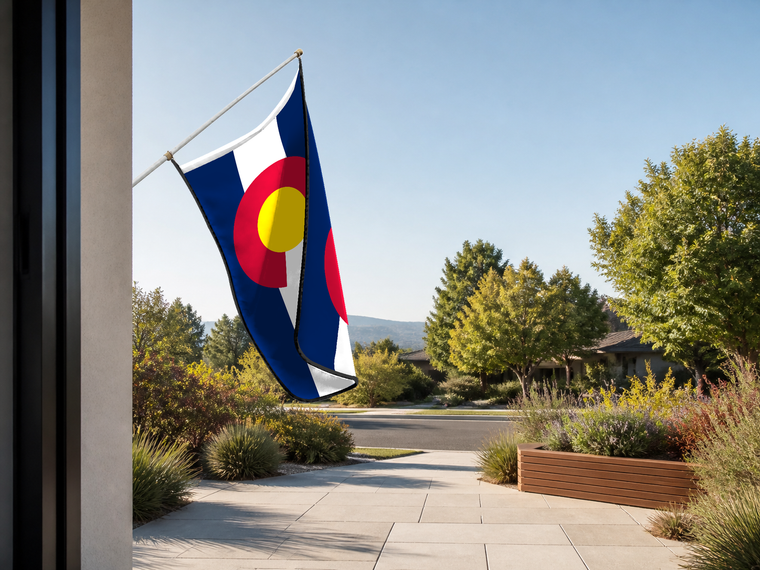 Colorado State Flag Authentic Gameday Flag — approved one-scene environment view — EXO R89 — item_id=state-colorado — source_sha256=859634c4d95d1df094870738f8f9c308f68f5c0e72786649ed5506c684fca817