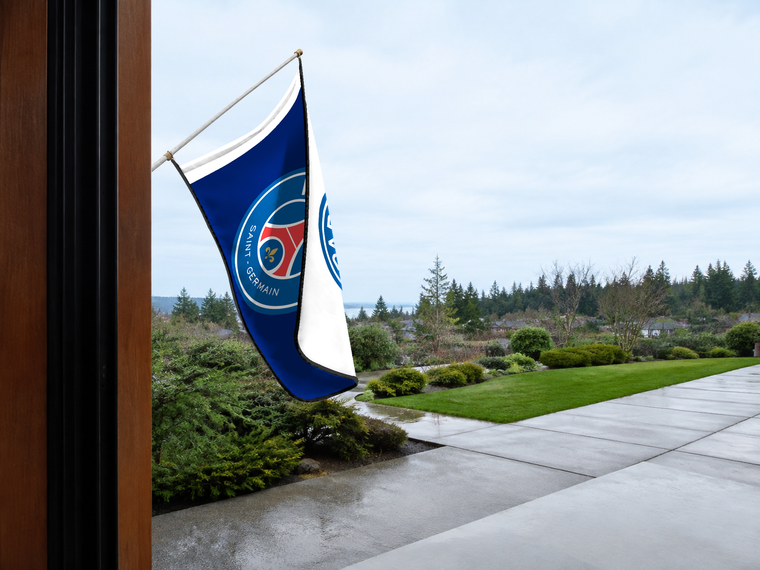 Paris Saint-Germain Authentic Gameday Flag — approved one-scene environment view — EXO R89 — item_id=euro-soccer-paris-saint-germain — source_sha256=2f46c6566f27a1711a90fd526e11992df54eeeb94daac732d1949030b589ecdf