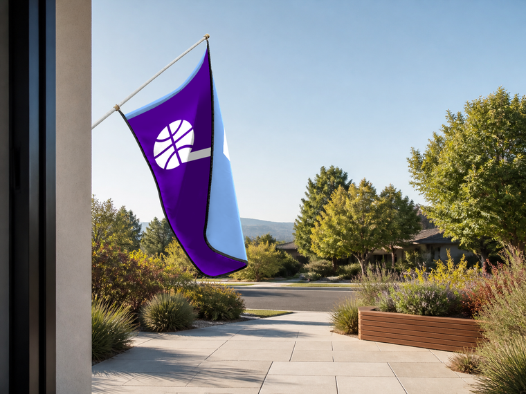 Utah Jazz Authentic Gameday Flag — approved one-scene environment view — EXO R89 — item_id=nba-utah-jazz — source_sha256=d8c62d816789d4fa3f3133d20ee54e2d4e0dbae70fb9518b78f3479b24dd6d70