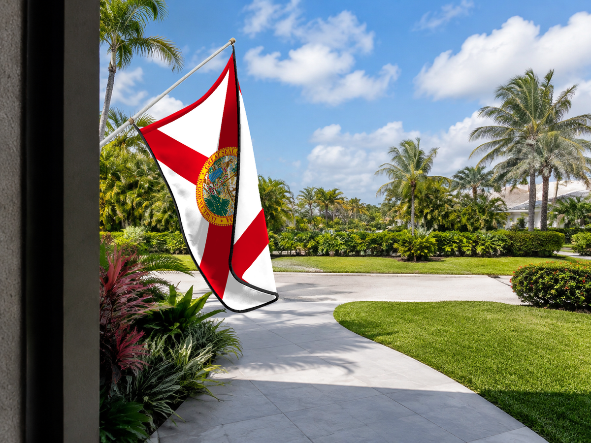 Florida State Flag Authentic Gameday Flag — approved one-scene environment view — EXO R89 — item_id=state-florida — source_sha256=5eead231c179ff86adec6041b289e4a4facdbdd173cd0fac94c80fb0f3345c74