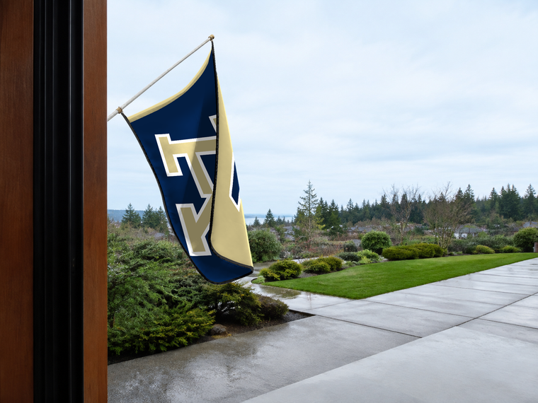 Akron Zips Authentic Gameday Flag — approved one-scene environment view — EXO R89 — item_id=ncaa-fbs-akron-zips — source_sha256=3075e34f1eea2cebb250afd487001b9267c40a05e7636bb01d9465a30cf41d93