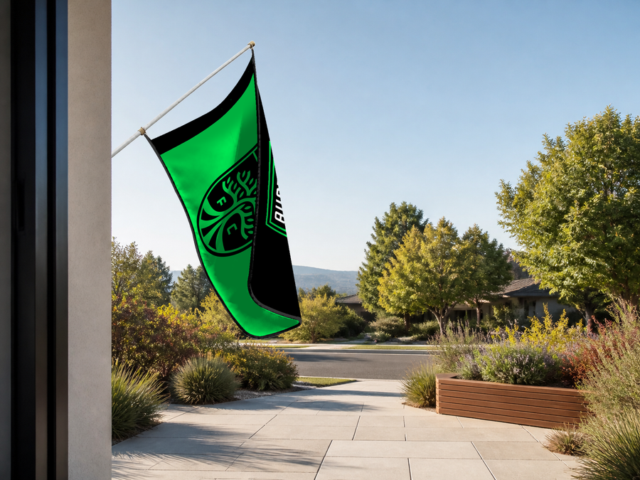 Austin FC Authentic Gameday Flag — approved one-scene environment view — EXO R89 — item_id=mls-austin-fc — source_sha256=a59d031a90876b6b7c3f06a6c02a5cf7db3a6e957e0ffcd0ac3dea78cd48c557