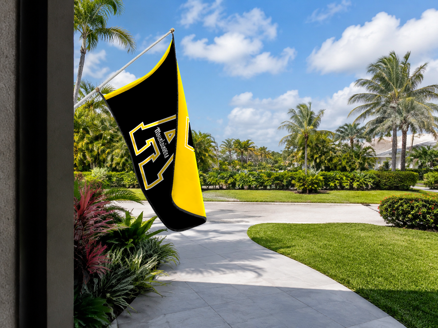 App State Mountaineers Authentic Gameday Flag — approved one-scene environment view — EXO R89 — item_id=ncaa-fbs-app-state-mountaineers — source_sha256=ffa59b6381715a807d3a96ac3eb933967cb4f8bbd09ee431d934177e830def1d