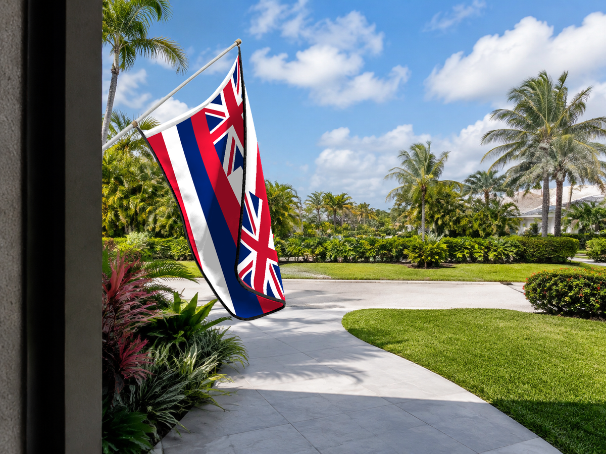 Hawaii State Flag Authentic Gameday Flag — approved one-scene environment view — EXO R89 — item_id=state-hawaii — source_sha256=6bac9924229dd450096bf1aa7344332a6b024ddb13a4118b41af1d7ea3ec5d09