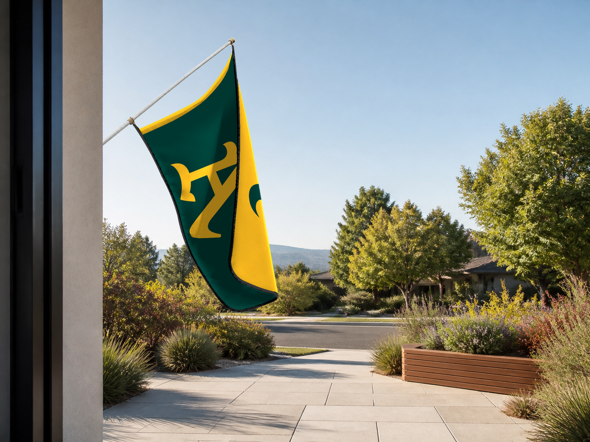 Athletics Authentic Gameday Flag — approved one-scene environment view — EXO R89 — item_id=mlb-athletics — source_sha256=29f03942d979bb9a230ca10116c2cf8c02be330b21fdcc1e76065e853bbd10f8