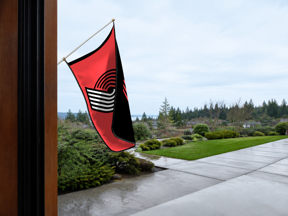 Portland Trail Blazers Authentic Gameday Flag — approved one-scene environment view — EXO R89 — item_id=nba-portland-trail-blazers — source_sha256=e7ef25a6af135e1805904478485976a620e0bfb1365c3258e7426af0d5ac835f