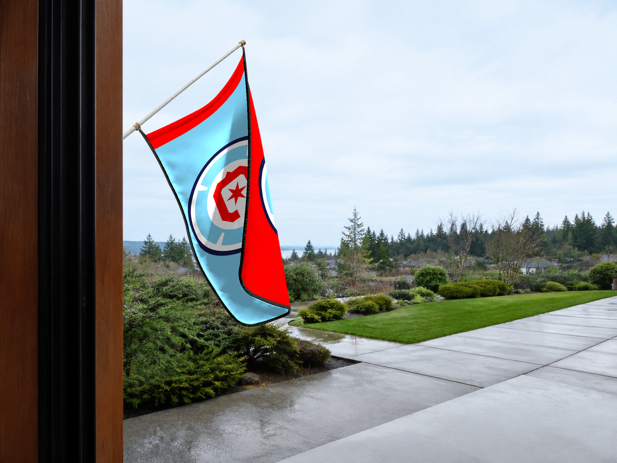 Chicago Fire FC Authentic Gameday Flag — approved one-scene environment view — EXO R89 — item_id=mls-chicago-fire-fc — source_sha256=d2199153c4422f9e543f02e3f679a0bf045cf3df543b7d99db9b46ab79719370