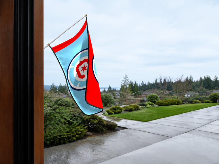 Chicago Fire FC Authentic Gameday Flag — approved one-scene environment view — EXO R89 — item_id=mls-chicago-fire-fc — source_sha256=d2199153c4422f9e543f02e3f679a0bf045cf3df543b7d99db9b46ab79719370