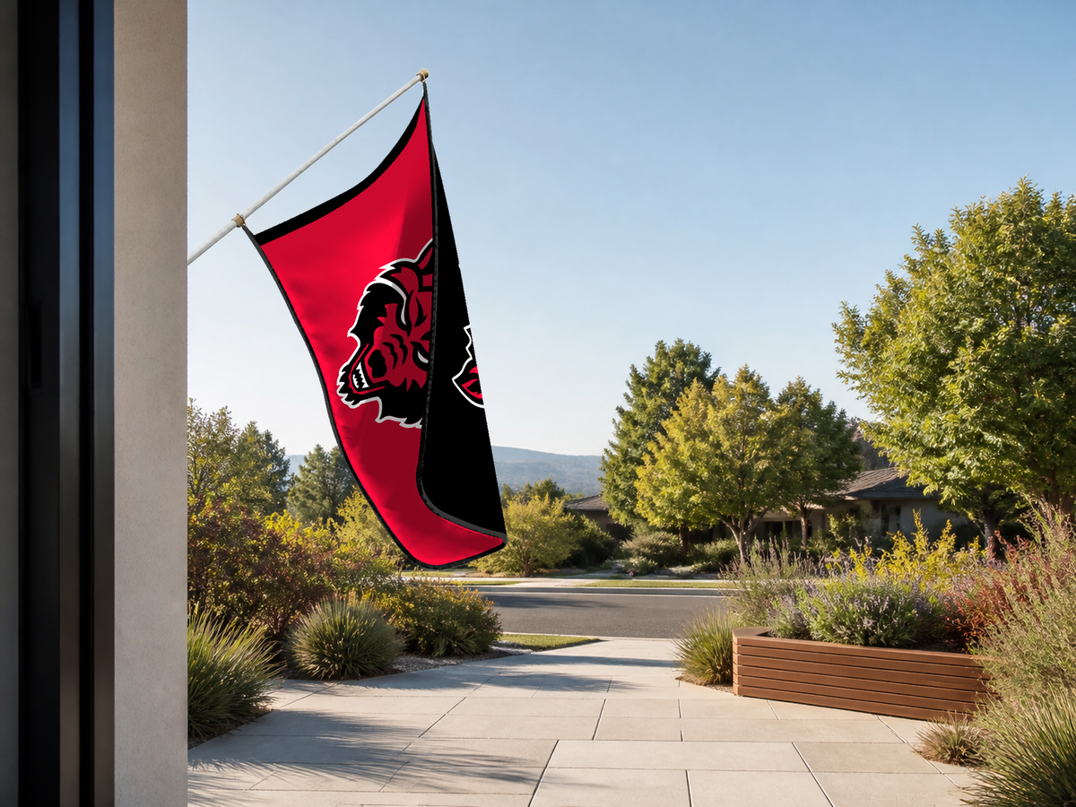Arkansas State Red Wolves Authentic Gameday Flag — approved one-scene environment view — EXO R89 — item_id=ncaa-fbs-arkansas-state-red-wolves — source_sha256=a118b2ee457e6792e160d29c567cea9f9d125c5dee3de7e203ae84692a21ffec