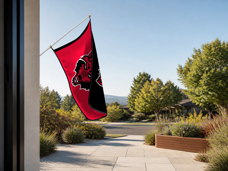 Arkansas State Red Wolves Authentic Gameday Flag — approved one-scene environment view — EXO R89 — item_id=ncaa-fbs-arkansas-state-red-wolves — source_sha256=a118b2ee457e6792e160d29c567cea9f9d125c5dee3de7e203ae84692a21ffec