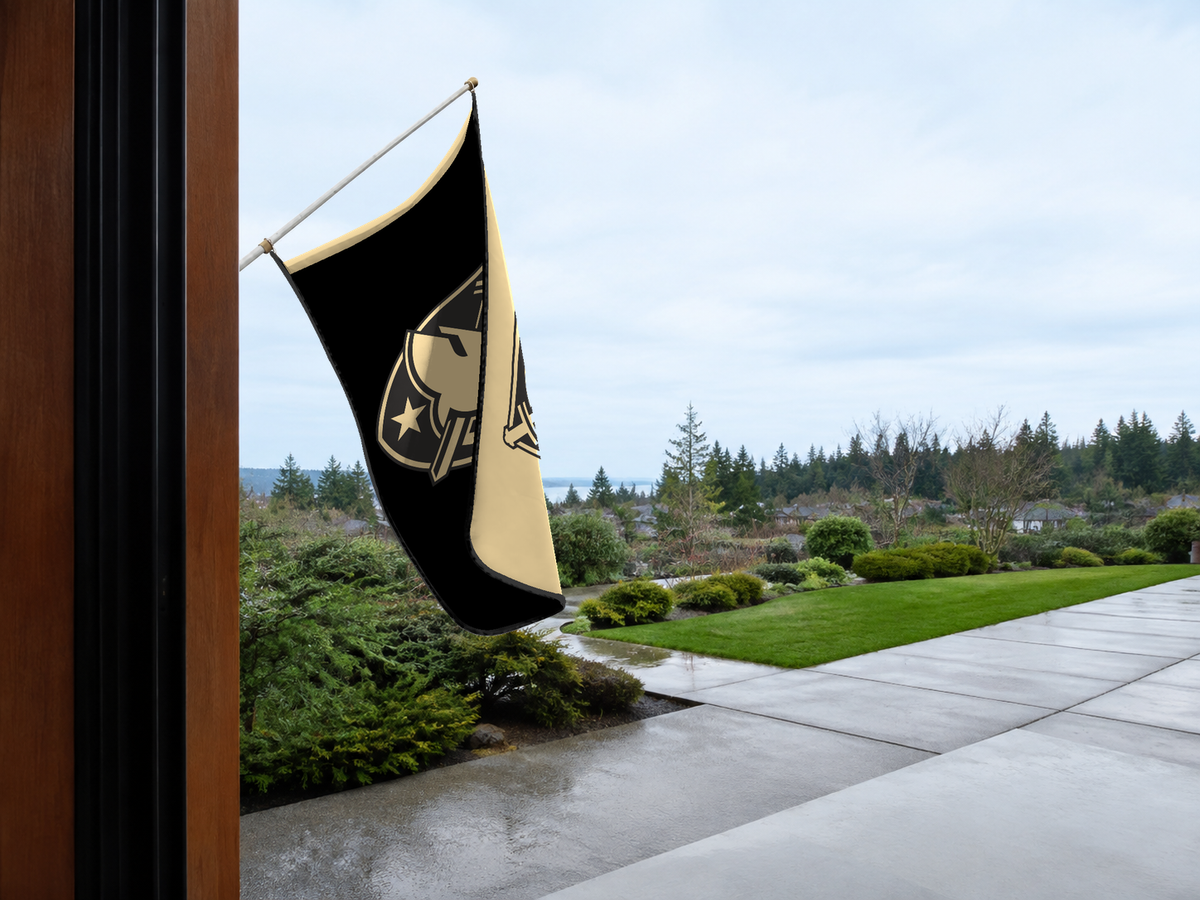 Army Black Knights Authentic Gameday Flag — approved one-scene environment view — EXO R89 — item_id=ncaa-fbs-army-black-knights — source_sha256=752e4c3f7c868bc9371004a6082c9dc90ad7ff2a82d085a84406e5a79d85e3ec