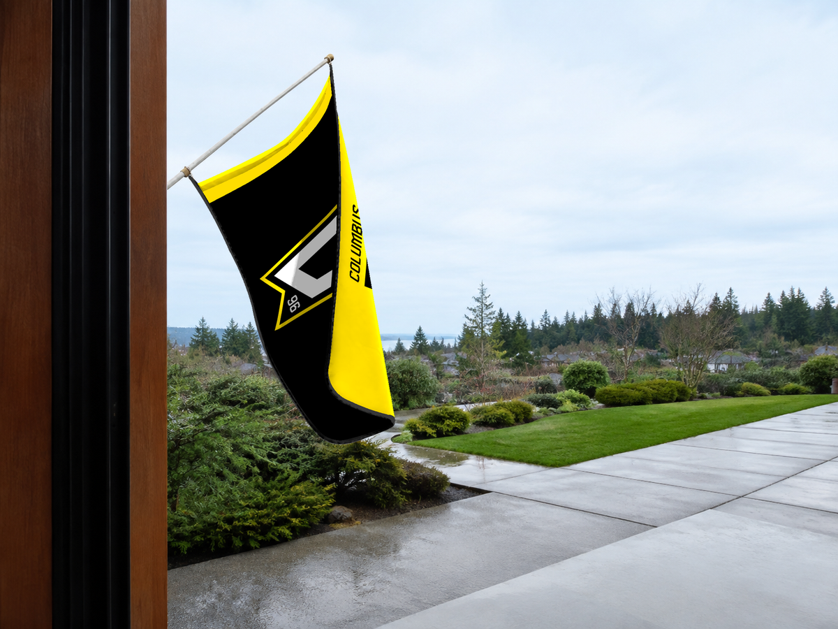 Columbus Crew Authentic Gameday Flag — approved one-scene environment view — EXO R89 — item_id=mls-columbus-crew — source_sha256=0e9c37c311cddb48ea677f848327a2a49a429f13123d1876e003000767346b5a