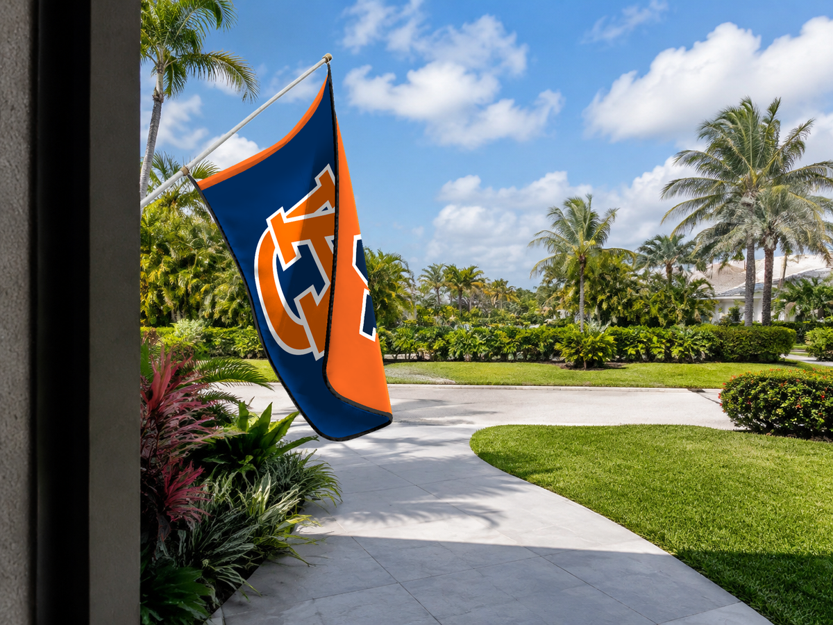 Auburn Tigers Authentic Gameday Flag — approved one-scene environment view — EXO R89 — item_id=ncaa-fbs-auburn-tigers — source_sha256=5329ce9bffe25974030cb8ed99e01c2a1e37825f2a9eb886b3b3020110259a14