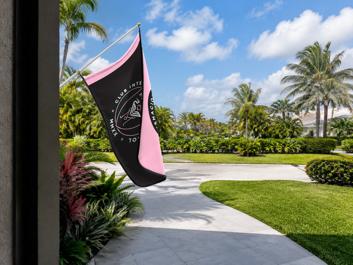 Inter Miami CF Authentic Gameday Flag — approved one-scene environment view — EXO R89 — item_id=mls-inter-miami-cf — source_sha256=121ad370eddcf5fd4b3ea6e4f6a2d87d4bce10878faf53b34aac945aa1a6a4f6