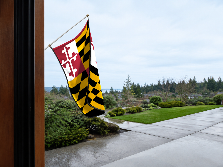 Maryland State Flag Authentic Gameday Flag — approved one-scene environment view — EXO R89 — item_id=state-maryland — source_sha256=73bf66ed625932ef6e8d3fab4353ca7144cd99dc01bd2d6db0348065e4366a00