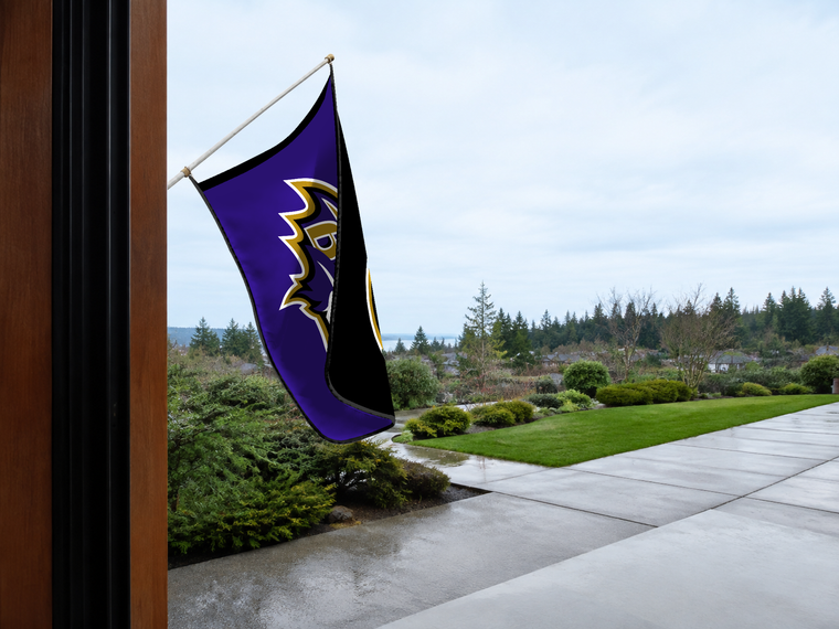 Baltimore Ravens Authentic Gameday Flag — approved one-scene environment view — EXO R89 — item_id=nfl-baltimore-ravens — source_sha256=1964c126273d98fa0ce5d5bbb79bbb08534ce4a47ec573f362213dce02543a67