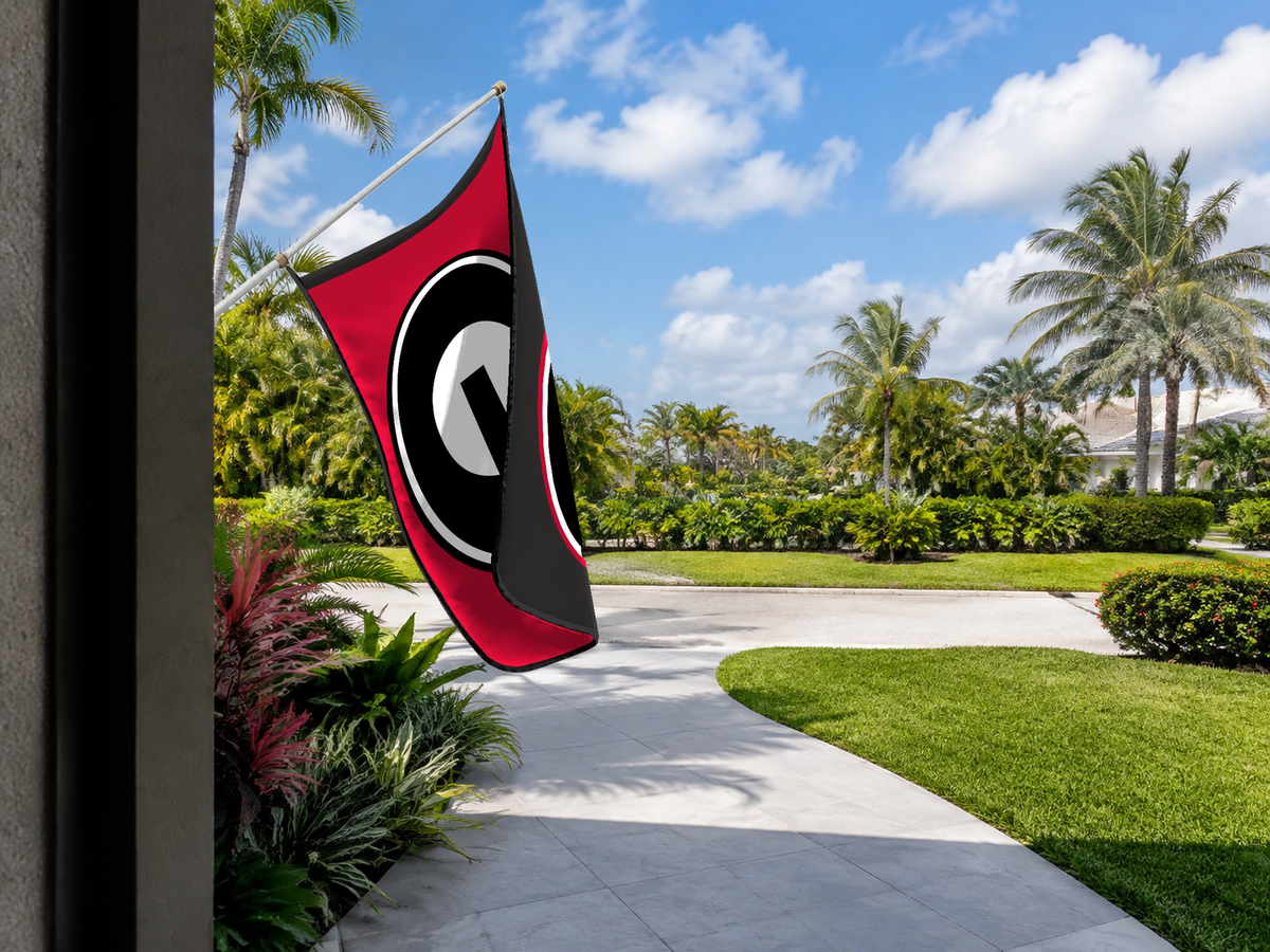Georgia Bulldogs Authentic Gameday Flag — approved one-scene environment view — EXO R89 — item_id=ncaa-fbs-georgia-bulldogs — source_sha256=494240fd03736ec3159a49f005490ff49b98eb51bacf9cd021aa5dac9c99c717