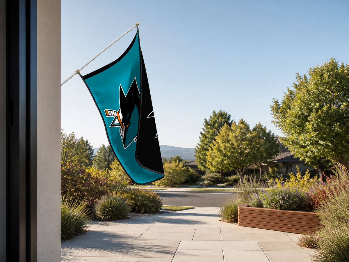 San Jose Sharks Authentic Gameday Flag — approved one-scene environment view — EXO R89 — item_id=nhl-san-jose-sharks — source_sha256=6a9a80c45506c64ffca13b0d681ac8fa9971795cf48e2a48ae0ef123c7ca6008