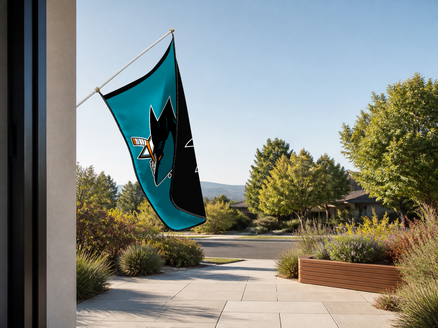 San Jose Sharks Authentic Gameday Flag — approved one-scene environment view — EXO R89 — item_id=nhl-san-jose-sharks — source_sha256=6a9a80c45506c64ffca13b0d681ac8fa9971795cf48e2a48ae0ef123c7ca6008