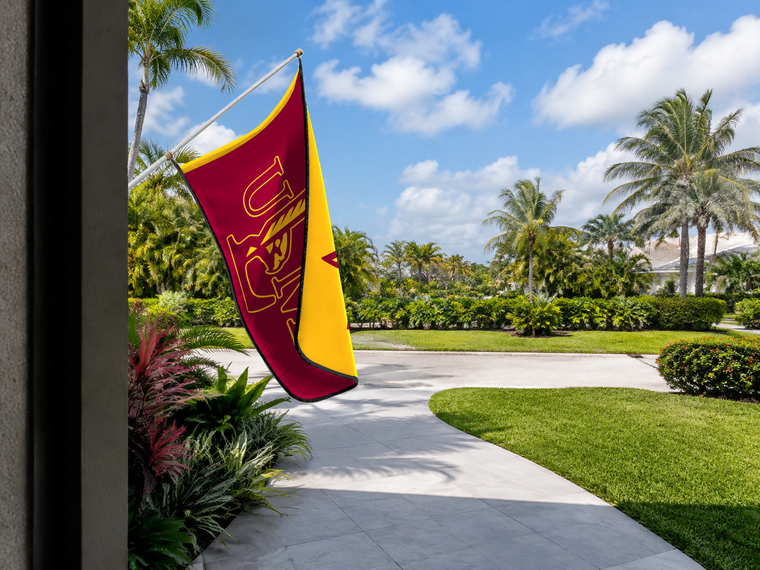 UL Monroe Warhawks Authentic Gameday Flag — approved one-scene environment view — EXO R89 — item_id=ncaa-fbs-ul-monroe-warhawks — source_sha256=7a0581424b22c1d58823f70658852783fcb75ee1d3b2f517ff526172dc806c2c