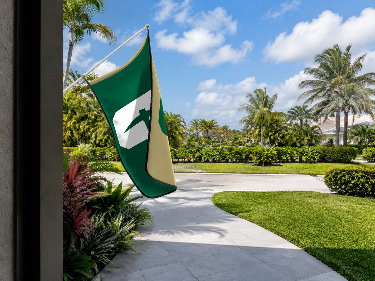 Charlotte 49ers Authentic Gameday Flag — approved one-scene environment view — EXO R89 — item_id=ncaa-fbs-charlotte-49ers — source_sha256=39333a6b3d9206a31a826ad6e54774cae250278ef3a7b090b09b13c754e2ad46