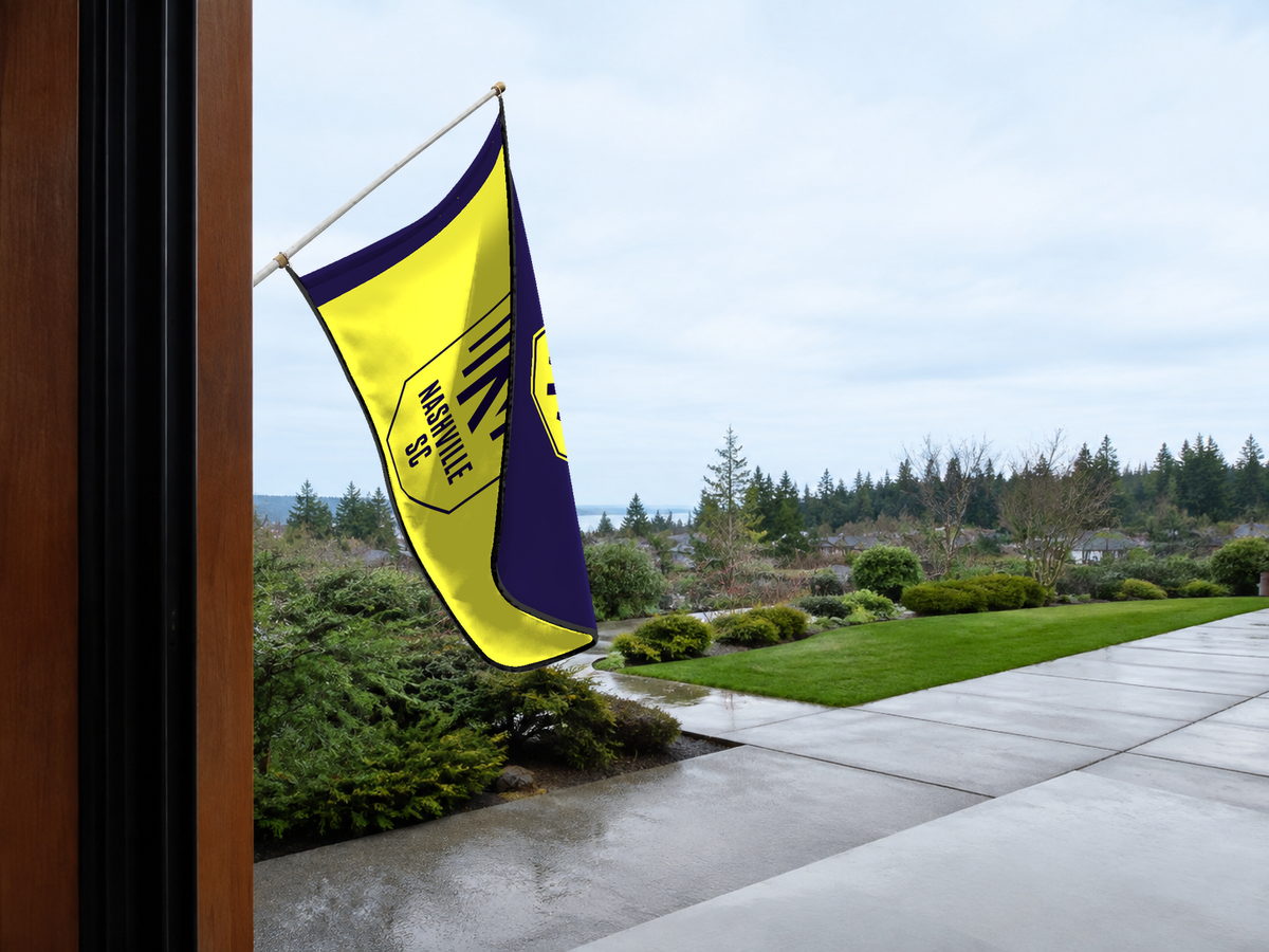 Nashville SC Authentic Gameday Flag — approved one-scene environment view — EXO R89 — item_id=mls-nashville-sc — source_sha256=eb1fcf1421da4267648683cdbeda0b548d1894632e025620a7b7bef0363a4984