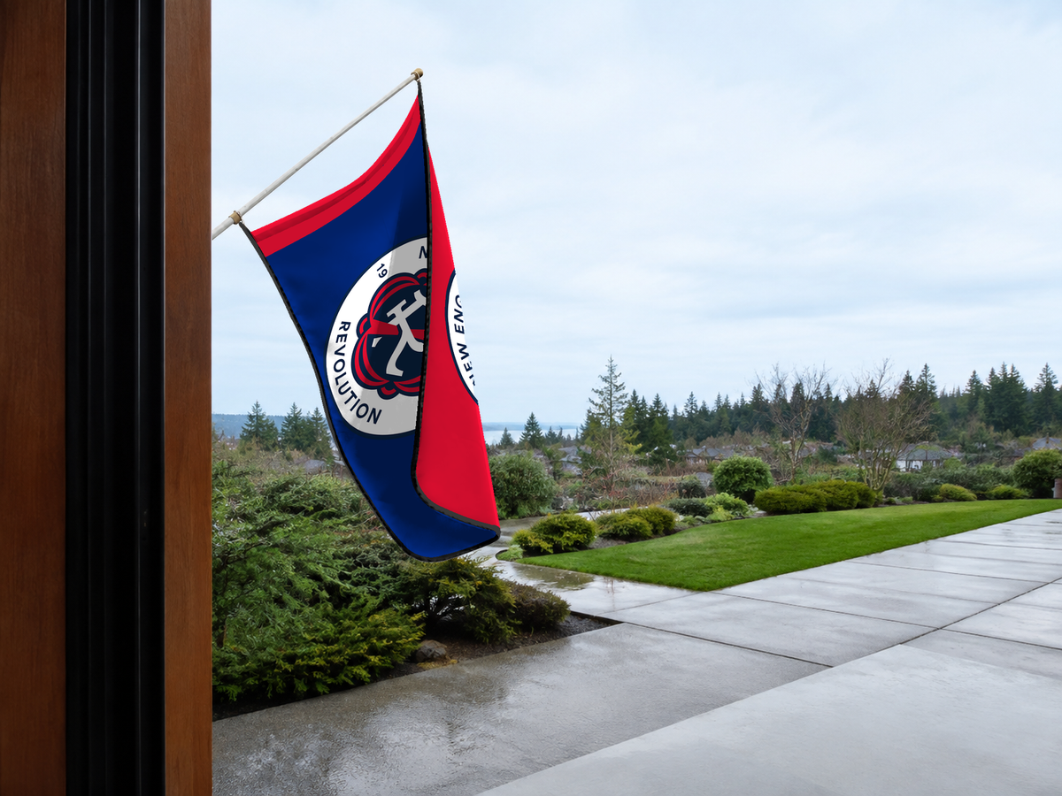 New England Revolution Authentic Gameday Flag — approved one-scene environment view — EXO R89 — item_id=mls-new-england-revolution — source_sha256=24300e4126961cdd843b4c7b669a67d66109deb317ab55bdac83ba6c584c5e28
