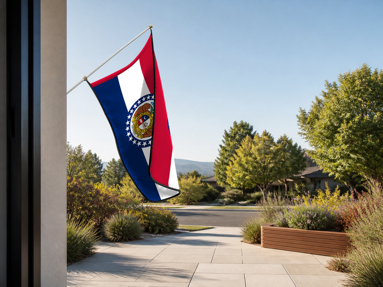 Missouri State Flag Authentic Gameday Flag — approved one-scene environment view — EXO R89 — item_id=state-missouri — source_sha256=5ab9a56548d554f9a099cbb3d378cd4b3129f1186f74000d341b55141b3b4fe1